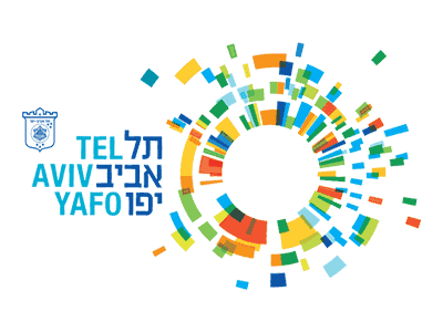 לוגו תל אביב יפו עם צורות גיאומטריות צבעוניות היוצרות עיצוב עגול על רקע ירוק עבור משרד פרסום.